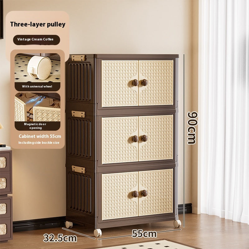 Multilevel storage cabinet with drawers and wheels, featuring dimensions and product details.