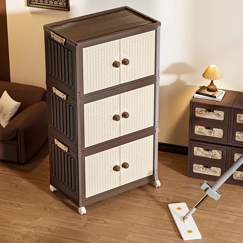 Stackable storage units with white drawers and brown frames in a room setting.