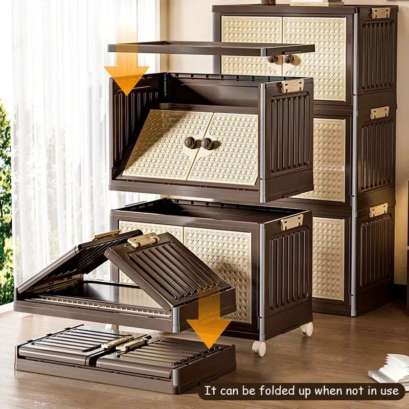 Foldable storage cabinet with wicker design on a wooden floor.