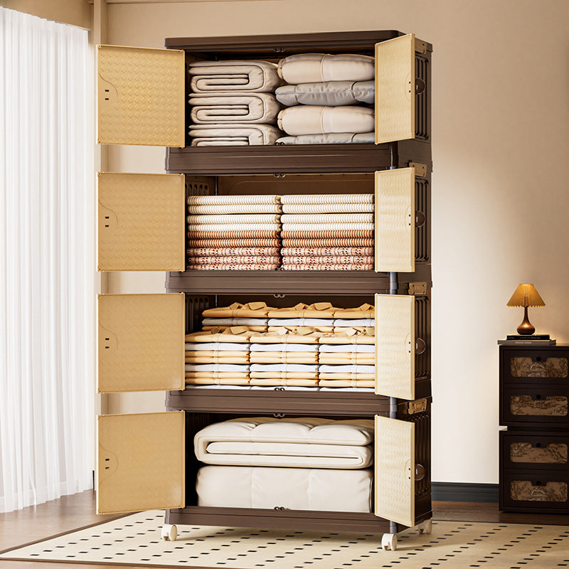 Folded bedding sets in a wooden wardrobe with open doors.