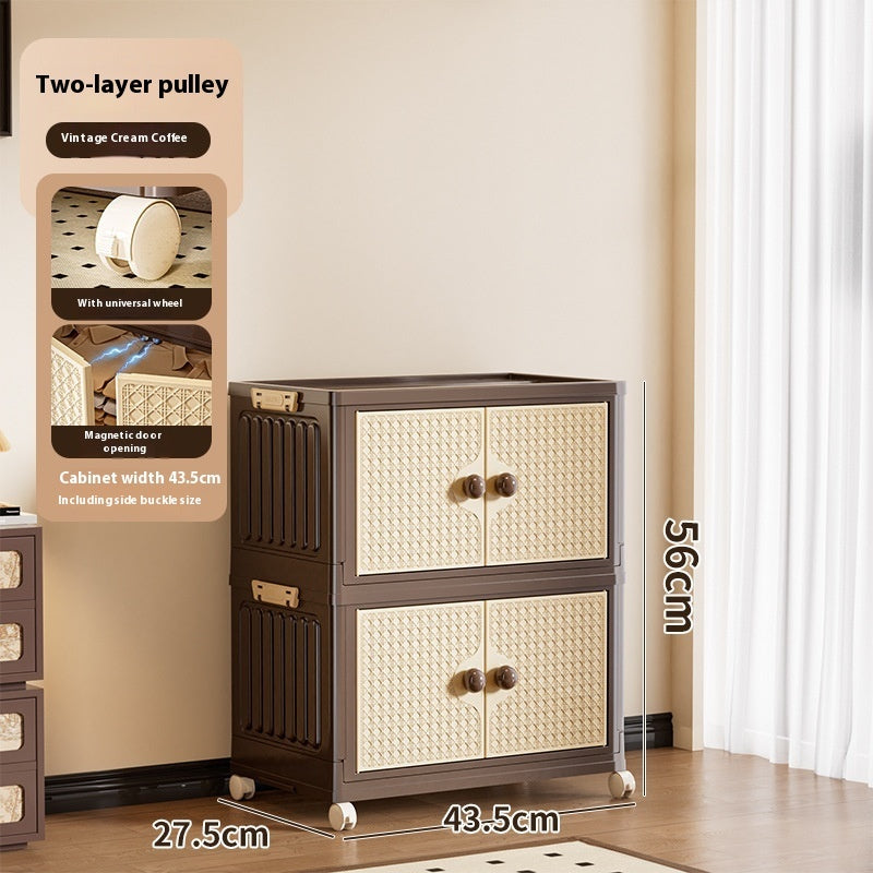 Two-layer pulley cabinet with dimensions displayed on a neutral background
