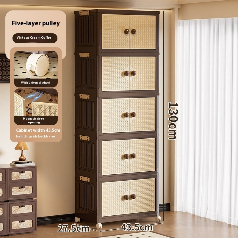 Tall cabinet with five drawers in a room setting, showing dimensions.