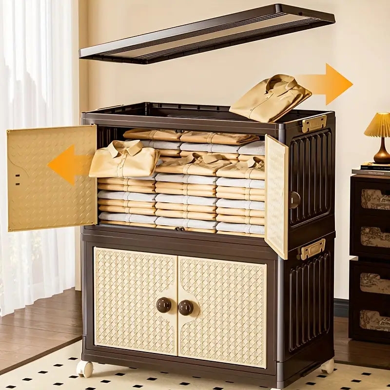 Storage cabinet with clothes and open doors on a neutral background
