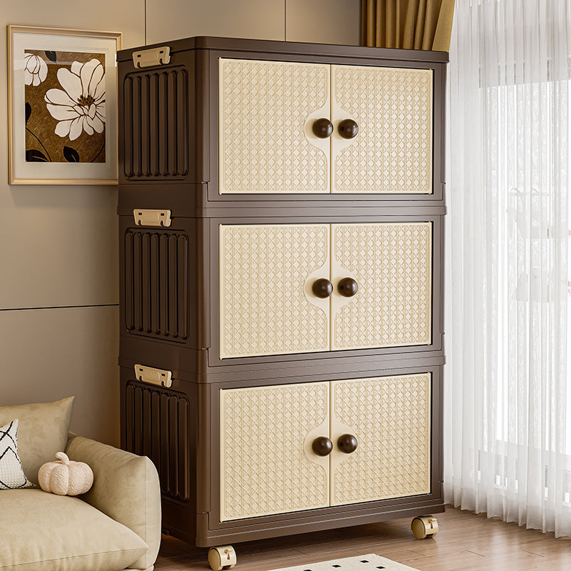 Tall storage cabinet with textured doors in a living room setting