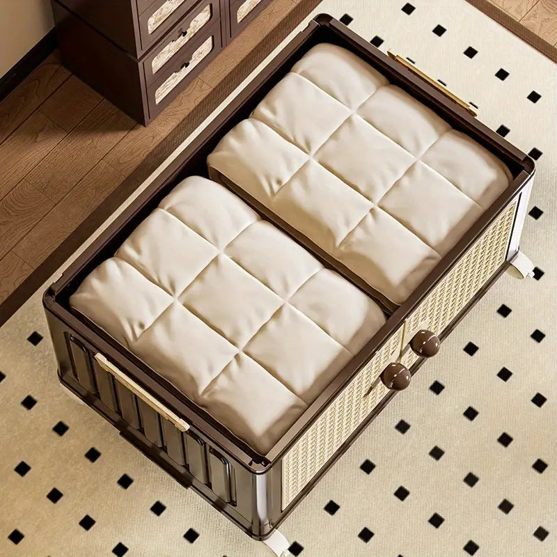 Open storage trunk with white bedding on a checkered floor
