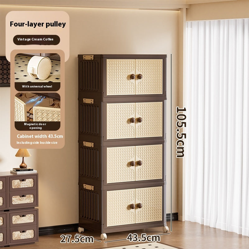 Tall cabinet with four drawers in a room setting, showing dimensions.