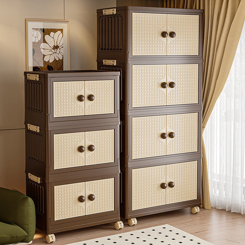 Tall wooden cabinet with wicker-like texture and decorative elements in a room setting.
